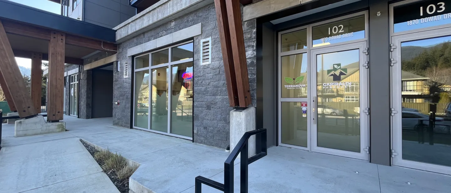 The entrance to Garibaldi Pharmacy in the Wilfred Building on Dowad Drive in Squamish